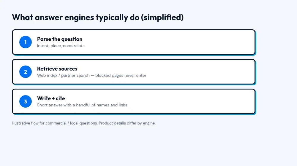 Illustrative three-step diagram: parse question, retrieve sources, write and cite
